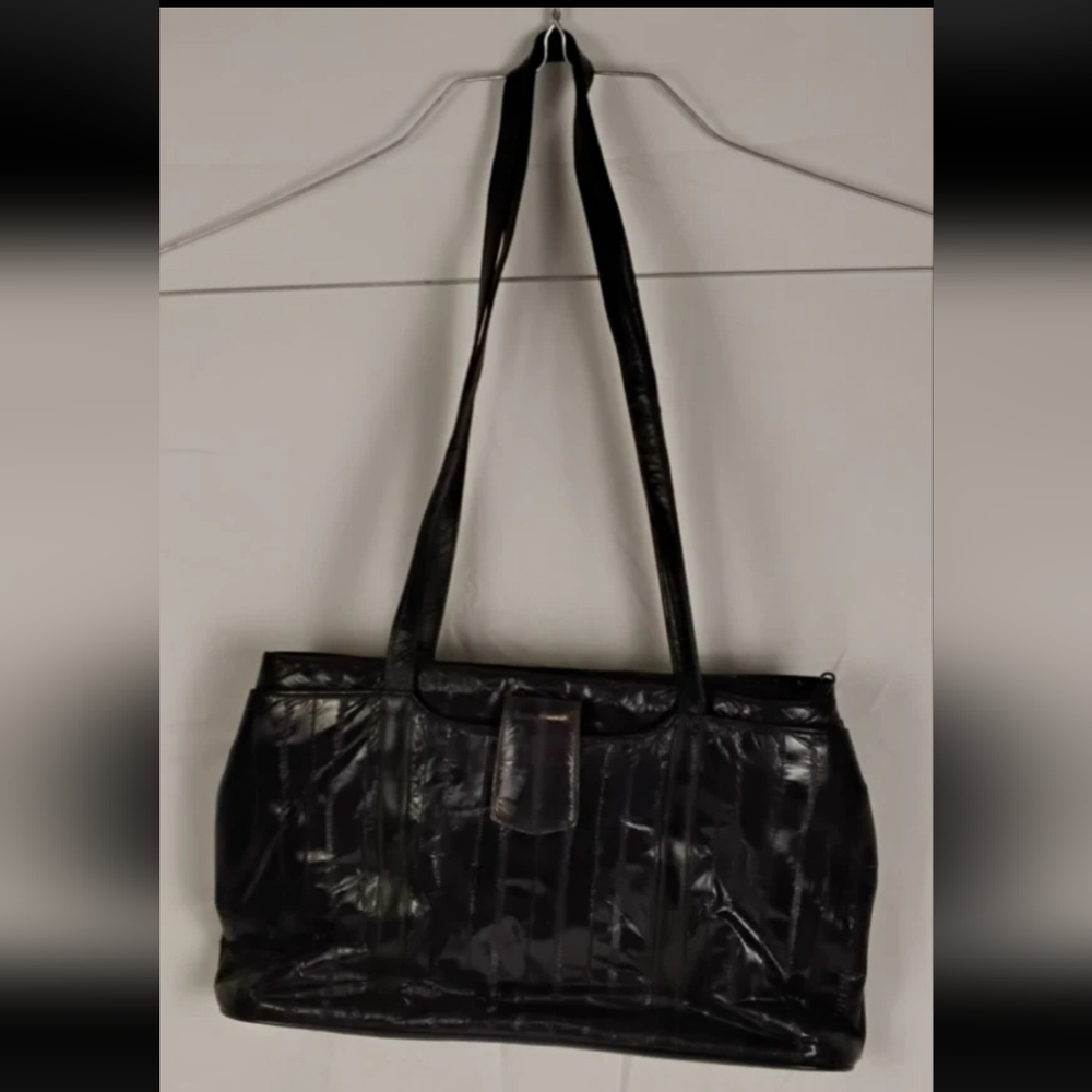 VINTAGE GENUINE EEL SKIN LEATHER SHOULDER BAG BLACK
